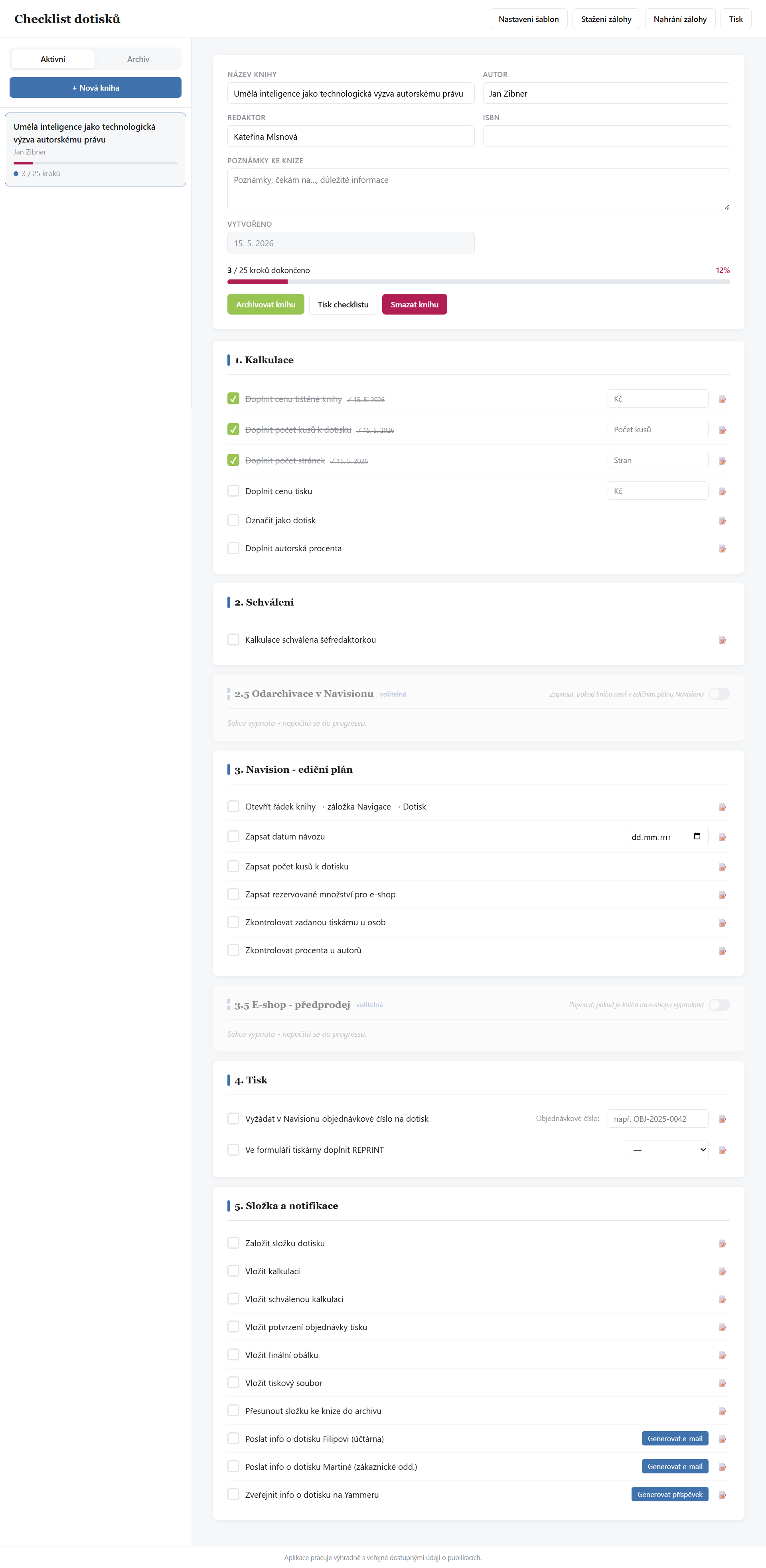 Náhled interaktivního checklistu dotisků