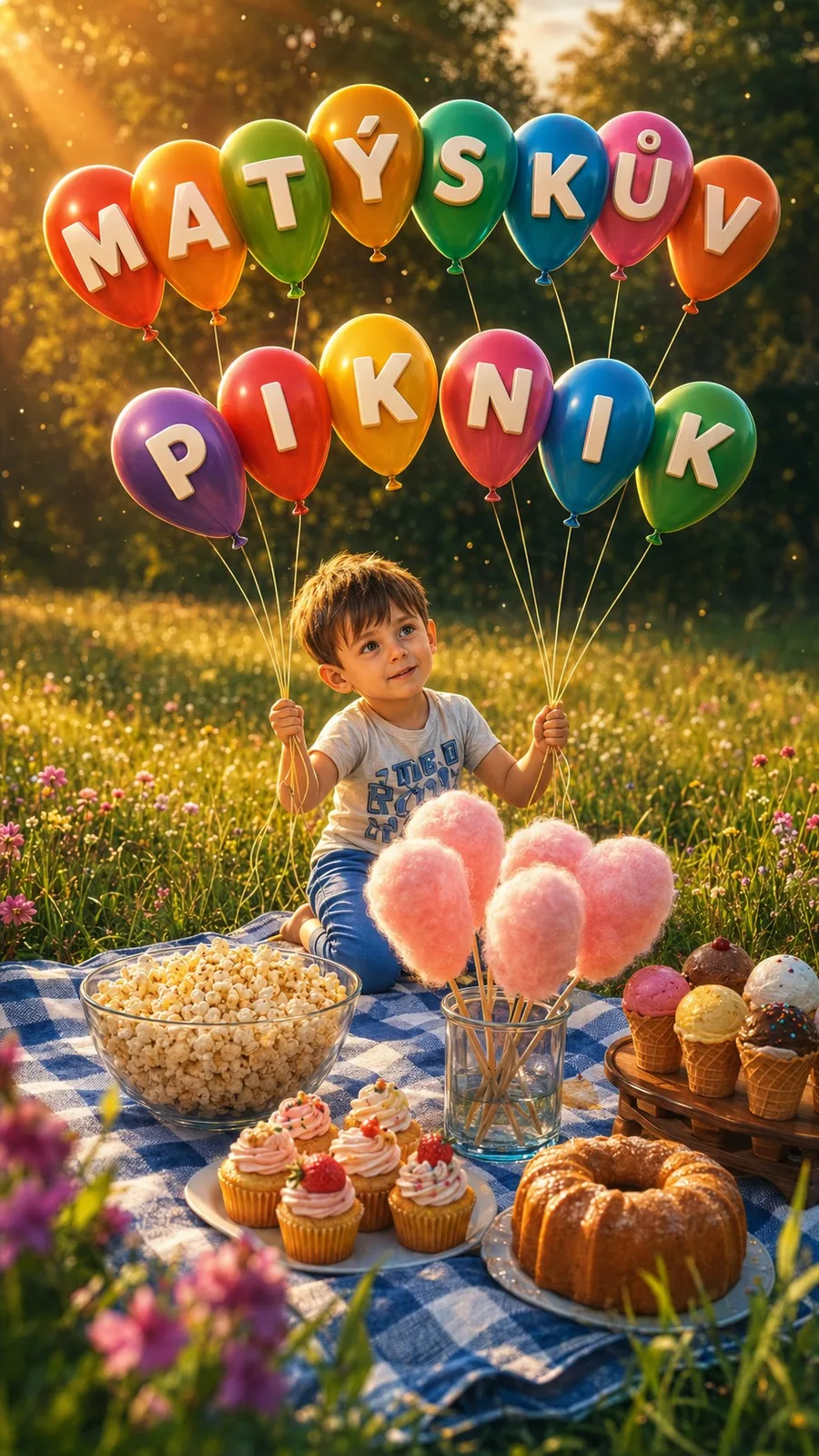 Ilustrovaná scéna pozvánky na Matýskův piknik